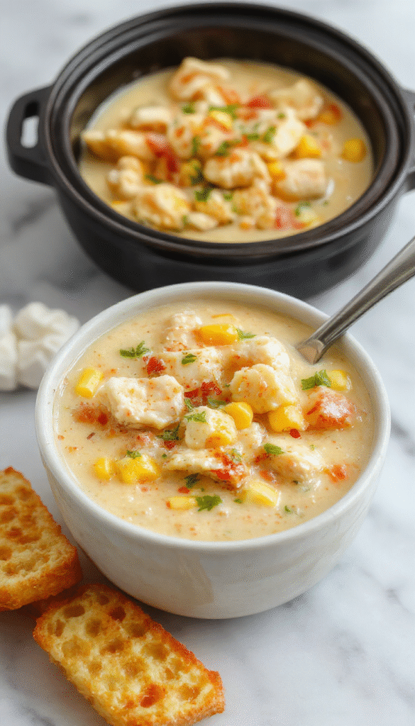 A steaming bowl of creamy chicken corn chowder garnished with fresh herbs, surrounded by chunks of tender chicken, sweet corn kernels, and a rich, golden broth in a rustic bowl on a wooden table