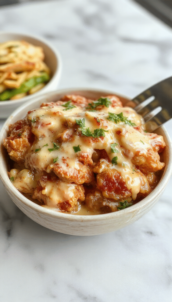 A rustic white bowl filled with tender shredded chicken topped with rich, glossy gravy. The dish is garnished with fresh herbs, with steam rising, set against a cozy kitchen background featuring a slow cooker, wooden table, and colorful seasonal vegetables.