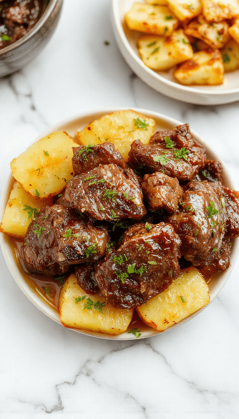 Colorful image of tender beef bites coated in glossy garlic butter sauce, served alongside golden roasted potatoes on a rustic plate with fresh herbs, styled with a linen napkin and wooden background, emphasizing warmth and hearty comfort