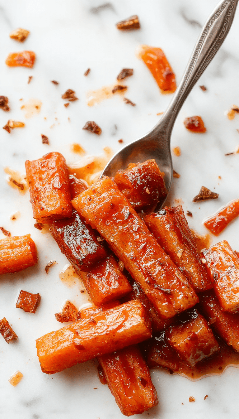 Vivid orange carrots glazed with glossy maple syrup and brown sugar sit elegantly on a white plate, garnished with fresh thyme. The carrots are tender with a caramelized sheen, surrounded by a warm rustic table setting, highlighting their bright, appetizing appearance.