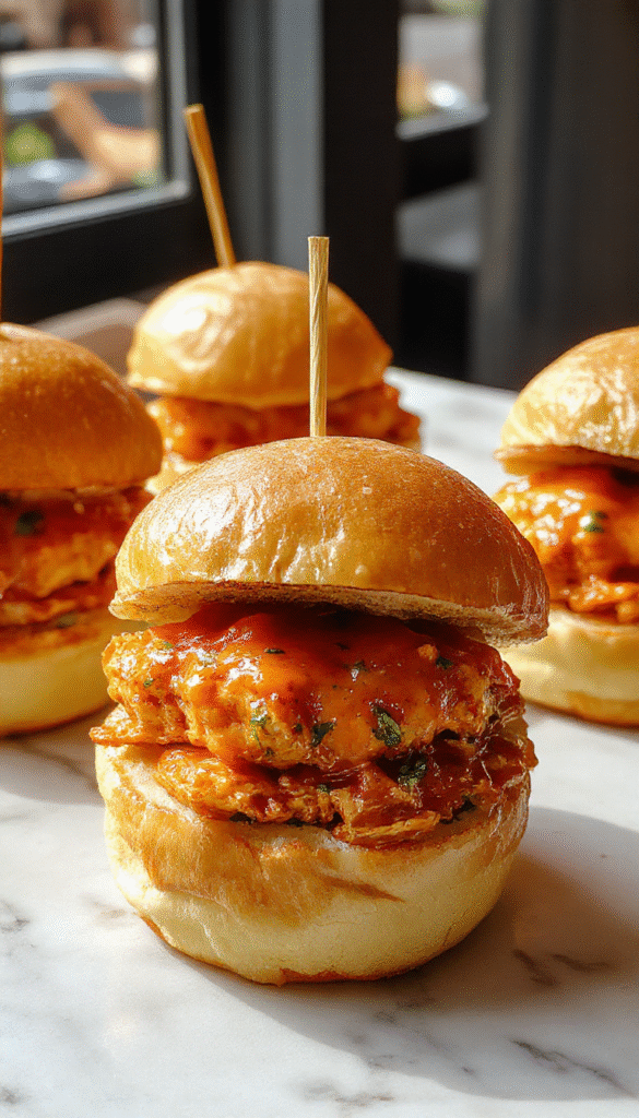 Colorful platter featuring golden-brown slider buns topped with shredded spicy buffalo chicken, creamy blue cheese dressing, and fresh celery slices, styled on a rustic wooden board with vibrant garnish accents.