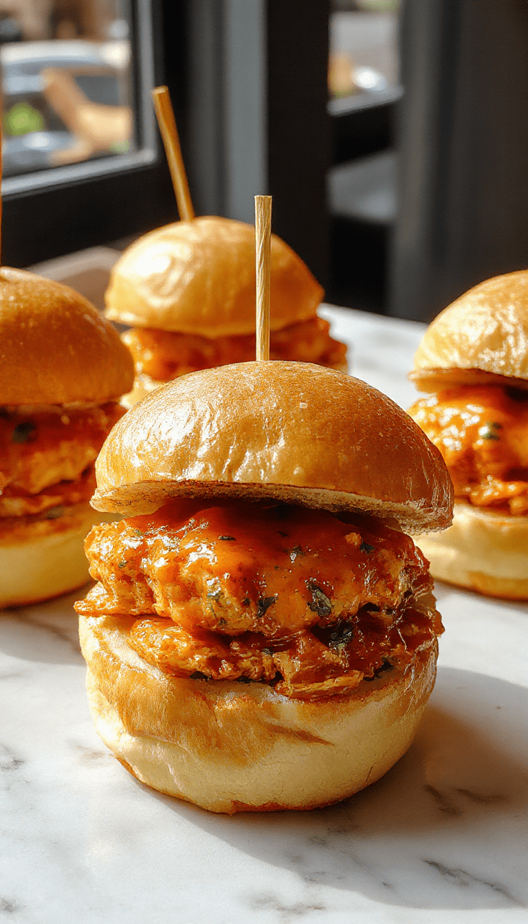 Colorful platter featuring golden-brown slider buns topped with shredded spicy buffalo chicken, creamy blue cheese dressing, and fresh celery slices, styled on a rustic wooden board with vibrant garnish accents.