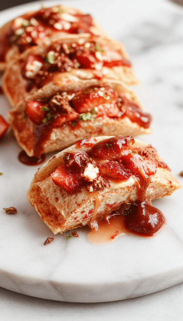 Vivid image showcasing two crispy taco shells filled with creamy strawberry cheesecake filling, topped with crunchy granola and fresh strawberries, garnished with mint leaves, on a rustic wooden plate with a pastel background.