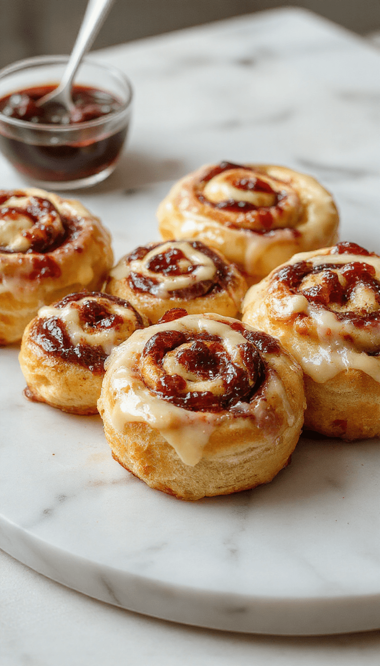 A close-up of freshly baked swirl buns with golden-brown crust, filled with creamy cheese and deep red currant jam visible in the swirls, arranged on a rustic wooden platter with a sprinkle of powdered sugar and fresh herbs for garnish