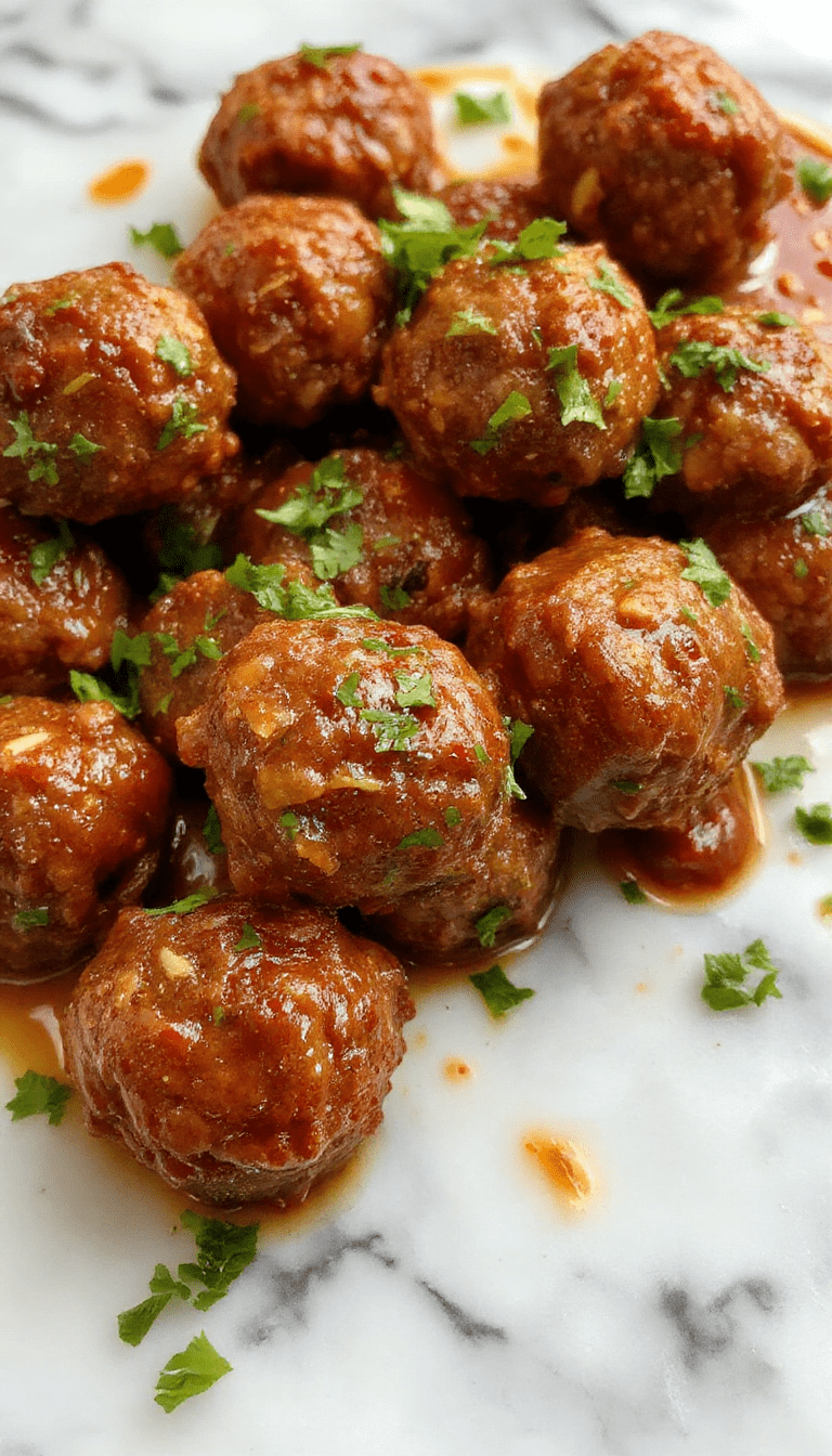 Colorful plate of glossy sweet chili sauce coated meatballs arranged neatly on a white dish with fresh cilantro garnish, set against a rustic wooden background with a spoon showcasing the sauce's sticky texture and vibrant red-orange hue.