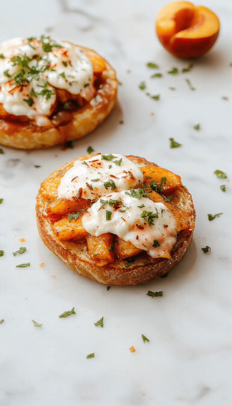Vibrant peach slices atop toasted baguette slices spread with creamy whipped ricotta, garnished with fresh mint and a drizzle of honey, presented on a rustic wooden platter with colorful background elements.