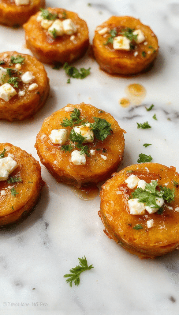 Colorful roasted sweet potato rounds arranged on a white plate, topped with crumbled feta cheese and drizzled with golden honey, garnished with fresh herbs, bright lighting highlighting the textures and vibrant orange and white colors.