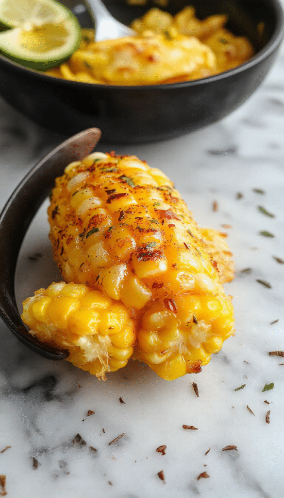 Colorful skillet filled with golden yellow corn kernels topped with glossy honey butter, sprinkled with fresh herbs, styled rustic with a wooden background