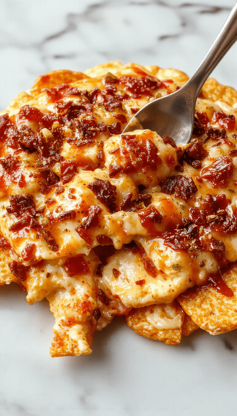 A vibrant bowl of Texas Trash Dip showcasing a creamy, cheesy, and colorful mixture with melted cheese, diced tomatoes, chopped green onions, and crispy tortilla chips around it on a rustic wooden table.