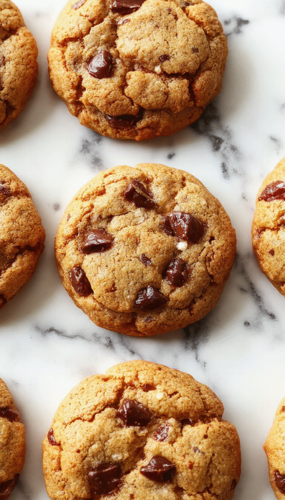 A close-up shot of golden brown Neiman Marcus cookies stacked on a white plate, with chocolate chips visible, placed on a rustic wooden table, with a glass of milk in the background, highlighting their chewy texture and rich appearance.
