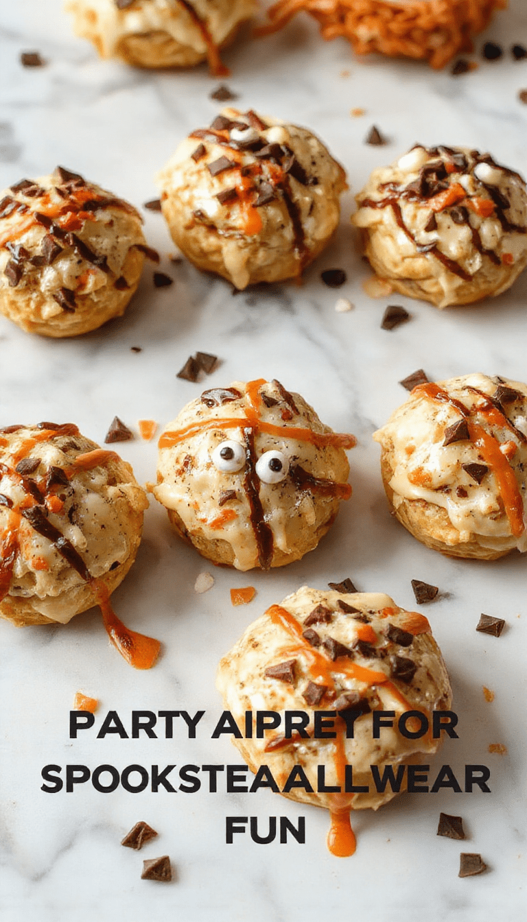 A festive Halloween table featuring a variety of spooky-themed dishes including decorated cupcakes with orange and black icing, eerie carved pumpkins, and creepy jelly worms, all beautifully arranged on a dark wooden table with orange and black decorations