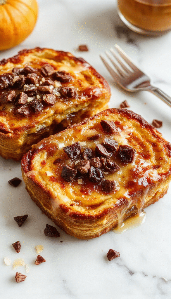 A vibrant plate featuring golden-brown pumpkin French toast slices topped with whipped cream, caramelized pumpkin chunks, and a drizzle of maple syrup. The dish is garnished with a sprinkle of cinnamon and powdered sugar, styled on a rustic white plate with autumn-themed accents and a cozy breakfast setting in warm lighting.