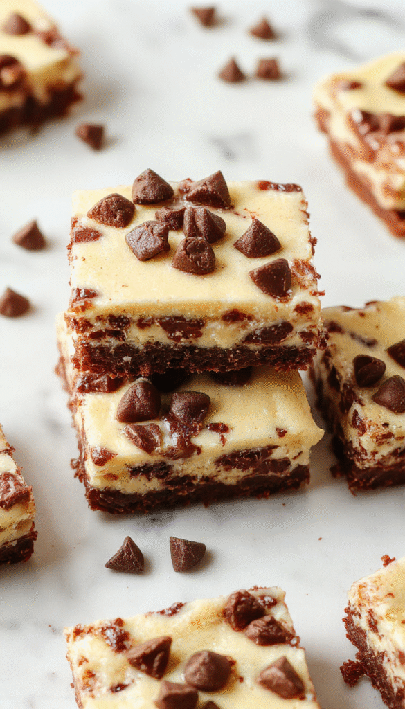 A close-up of rich, creamy cheesecake bars topped with a generous layer of melted chocolate chips and a drizzle of caramel, placed on a rustic wooden platter with a scattering of extra chocolate chips and a mint sprig for garnish, styled with a background of soft pastel colors.