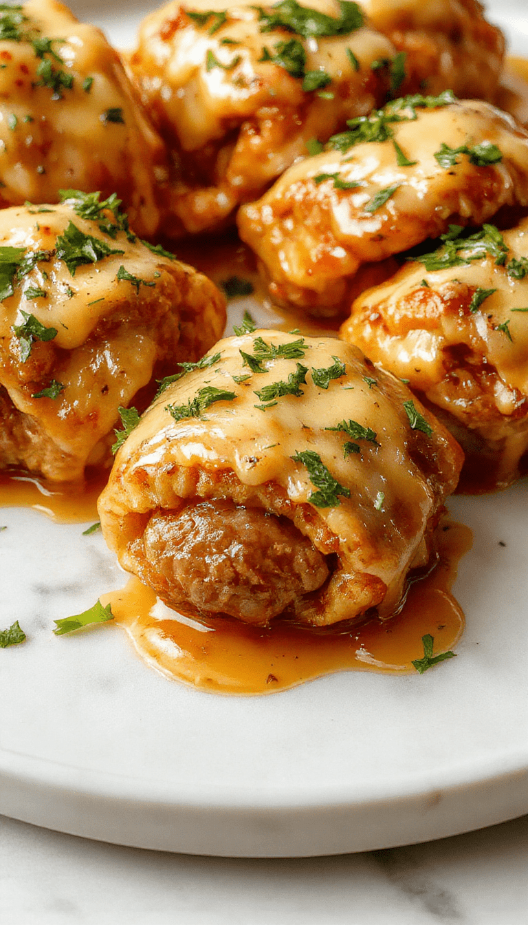 Golden brown pigs in a blanket on a white plate, cheesy and flaky pastry wrapped around juicy hot dogs, garnished with fresh herbs, served on a rustic wooden table with a dipping sauce container.