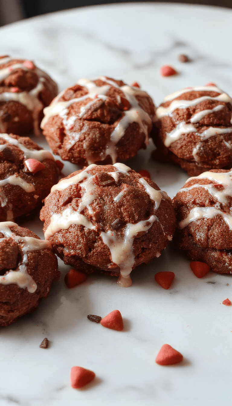 A close-up of glossy, rich chocolate ganache spread over freshly baked heart-shaped cookies with smooth textures and vibrant red and pink sprinkles, styled on a white plate with a romantic background of roses and candlelight.