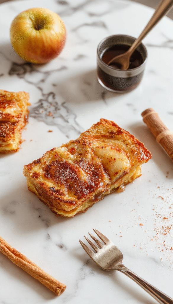 A delicious cinnamon apple French toast bake in a rustic ceramic dish, topped with powdered sugar and cinnamon, featuring golden-brown edges and tender apple slices, styled on a wooden table with fresh apple slices and a cinnamon stick for garnish.