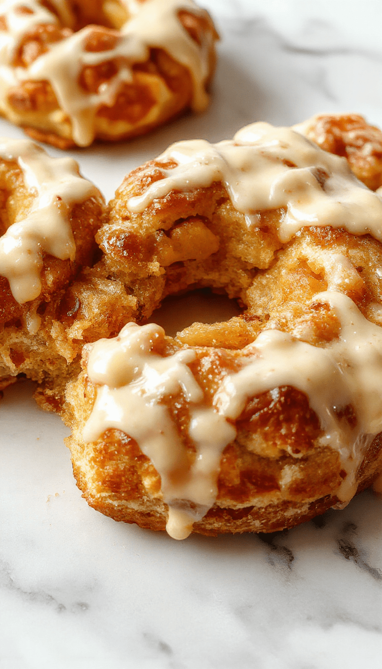 A golden-brown apple kringle pastry topped with a glossy vanilla glaze, sliced to reveal tender apple filling inside. The pastry is beautifully plated on a rustic wooden board, garnished with a sprinkle of cinnamon and accompanied by a small dish of extra glaze. The vibrant apple slices and flaky crust contrast with the smooth, shiny glaze, creating an inviting, warm dessert scene with soft lighting.