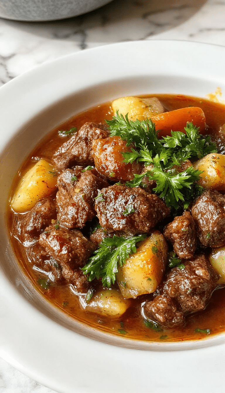 A bubbling black cauldron-shaped bowl filled with rich beef stew, surrounded by fresh vegetables, herbs, and a hint of smoky flavor. The stew has chunks of tender beef, carrots, potatoes, and green beans, all coated in a glossy savory gravy. The presentation is charming and mystical, with a dark wooden table and witchy touches like dried herbs and cast-iron utensils, evoking a cozy, magical atmosphere.