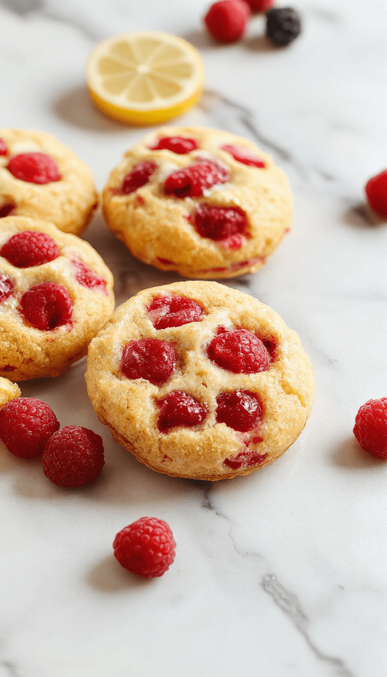 A close-up image of vibrant lemon raspberry cookies arranged on a white plate, garnished with fresh raspberries and lemon slices, showcasing their golden-brown edges and textured tops with visible raspberry bits and a glossy lemon glaze, styled on a rustic wooden surface with scattered berries and lemon zest for an inviting, colorful presentation.