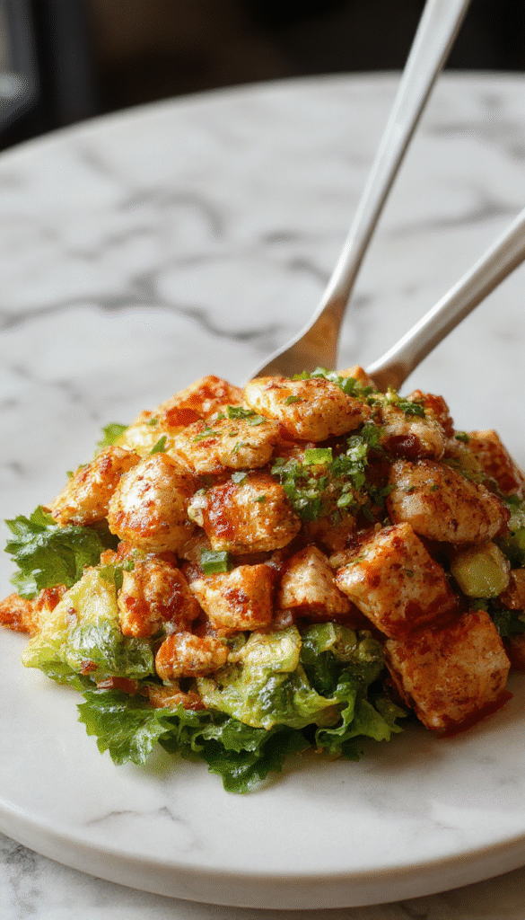 A vibrant Asian Chicken Crunch Salad in a clear glass bowl featuring shredded chicken, colorful bell peppers, shredded carrots, red cabbage, and chopped green onions topped with toasted sesame seeds. The salad has a fresh, crisp texture, with bright reds, oranges, purples, and greens contrasting against the neutral chicken. Soft natural lighting highlights the freshness and crunchiness of the ingredients, styled simply on a wooden table.