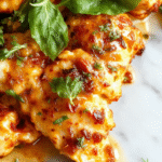 A vibrant plate of Thai Basil Chicken featuring tender diced chicken stir-fried with bright green Thai basil leaves, red chili slices, and crunchy vegetables, beautifully plated with a glossy glaze and garnished with fresh herbs on a rustic wooden table