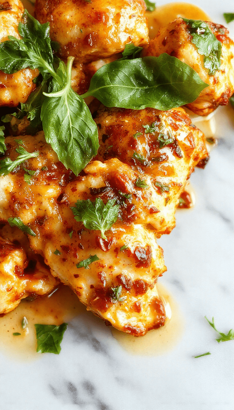 A vibrant plate of Thai Basil Chicken featuring tender diced chicken stir-fried with bright green Thai basil leaves, red chili slices, and crunchy vegetables, beautifully plated with a glossy glaze and garnished with fresh herbs on a rustic wooden table