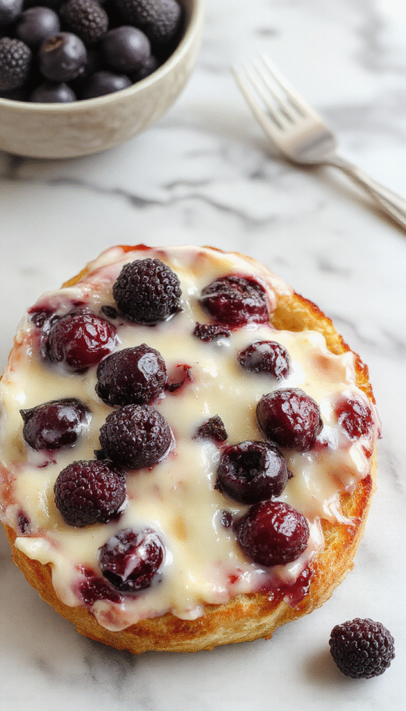 A slice of blueberry cream cheese bread on a rustic wooden platter, topped with fresh blueberries and a dusting of powdered sugar, showcasing a golden crust and creamy filling, styled with mint leaves for contrast.