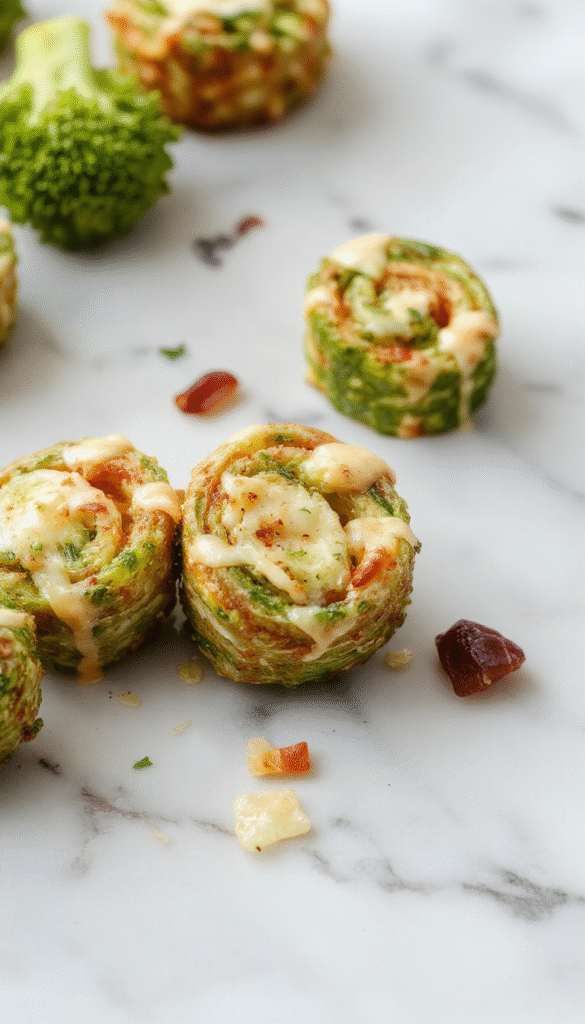 Colorful broccoli cheese pinwheels arranged on a white plate, showcasing golden crispy crust with vibrant green broccoli and melted cheese oozing out, styled for an inviting toddler meal.