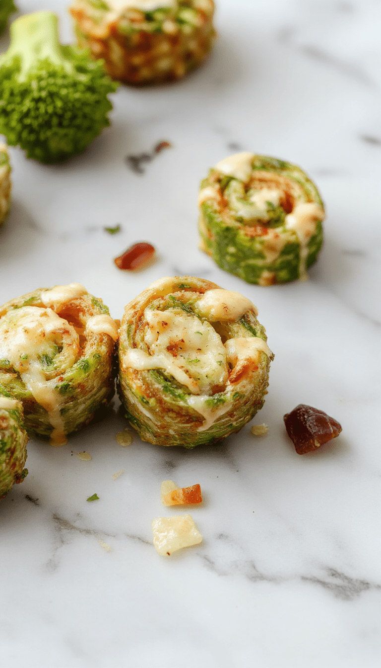 Colorful broccoli cheese pinwheels arranged on a white plate, showcasing golden crispy crust with vibrant green broccoli and melted cheese oozing out, styled for an inviting toddler meal.