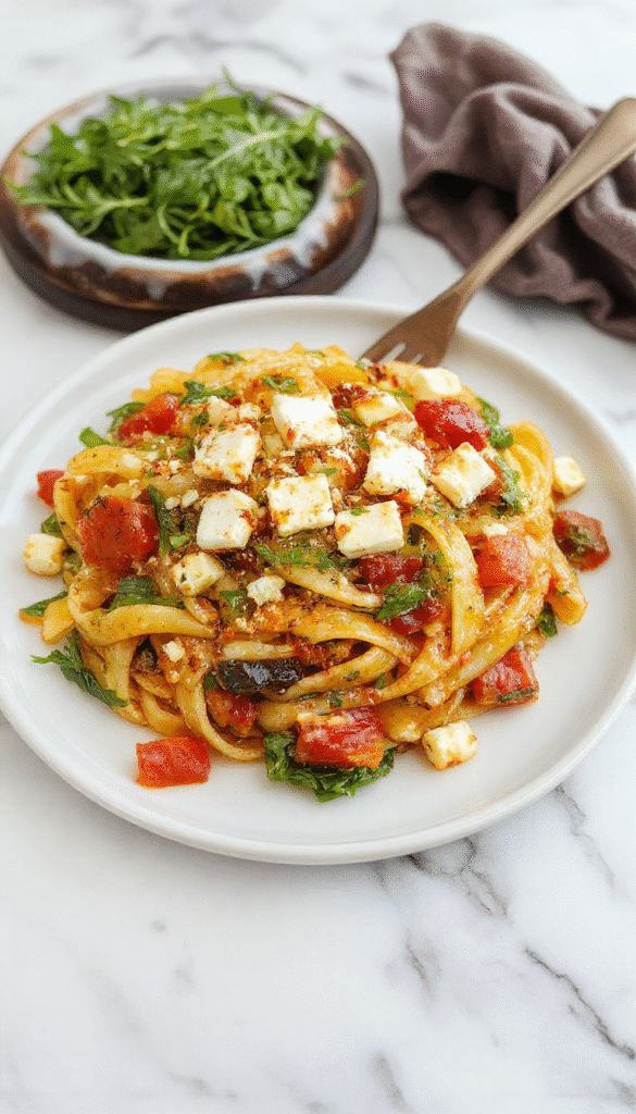 A vibrant plate of veggie pasta featuring spiralized zucchini, cherry tomatoes, and bell peppers topped with golden baked feta, garnished with fresh basil on a rustic wooden table