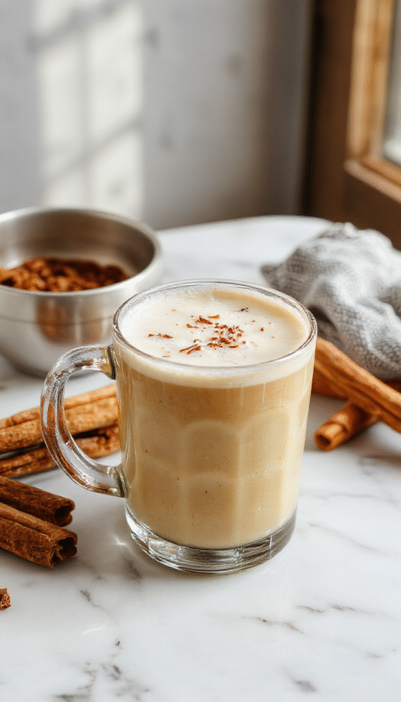 A steaming mug of vanilla cinnamon latte topped with whipped cream and a sprinkle of cinnamon, placed on a rustic wooden table with cinnamon sticks and vanilla beans around, evoking warm comfort and rich flavors.
