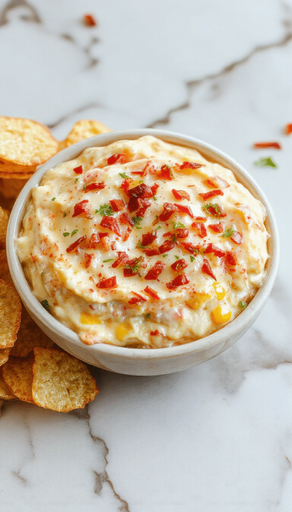 A vibrant bowl of creamy crack corn dip topped with shredded cheese and chopped green onions, surrounded by crispy tortilla chips on a rustic wooden table, brightly lit to highlight the rich textures and colorful garnishes.
