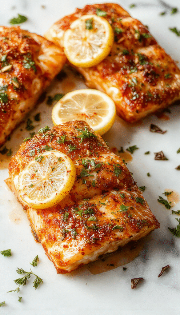 Colorful and appetizing air fryer salmon fillet plated on a white dish, garnished with lemon slices, fresh herbs, and drizzled with a light glaze. The salmon has a crispy, golden-brown exterior with tender pink flesh visible through the flaky texture. The background shows a rustic wooden table with vibrant green herbs and lemon wedges, styled elegantly for a fresh seafood presentation.