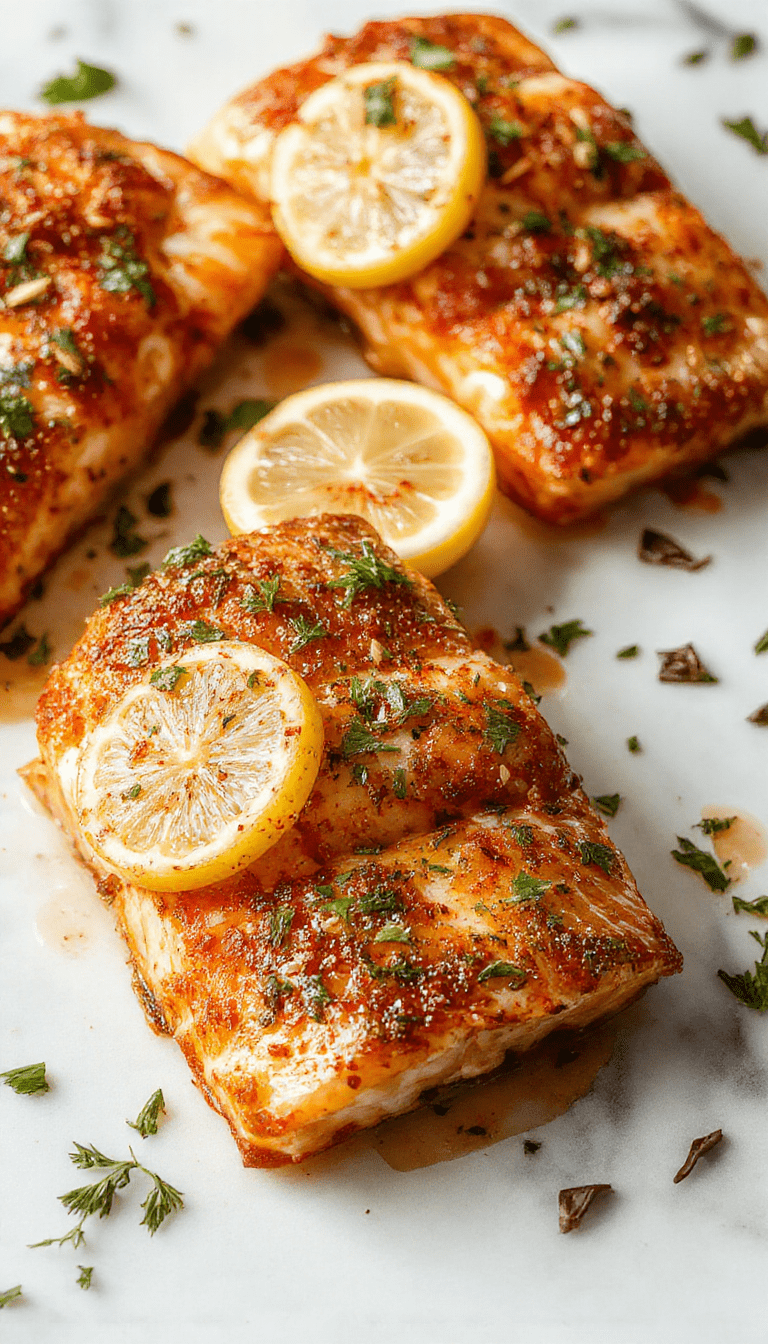 Colorful and appetizing air fryer salmon fillet plated on a white dish, garnished with lemon slices, fresh herbs, and drizzled with a light glaze. The salmon has a crispy, golden-brown exterior with tender pink flesh visible through the flaky texture. The background shows a rustic wooden table with vibrant green herbs and lemon wedges, styled elegantly for a fresh seafood presentation.