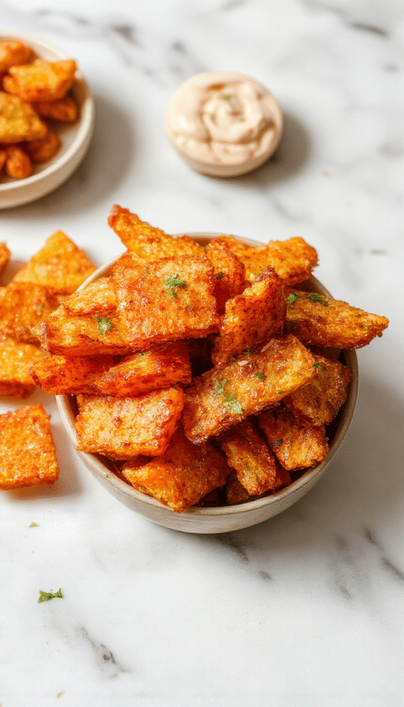 A close-up of golden-brown crispy sweet potato fries arranged on a rustic white plate, sprinkled with sea salt and garnished with fresh herbs, with a textured wooden background and a small bowl of dipping sauce in the background