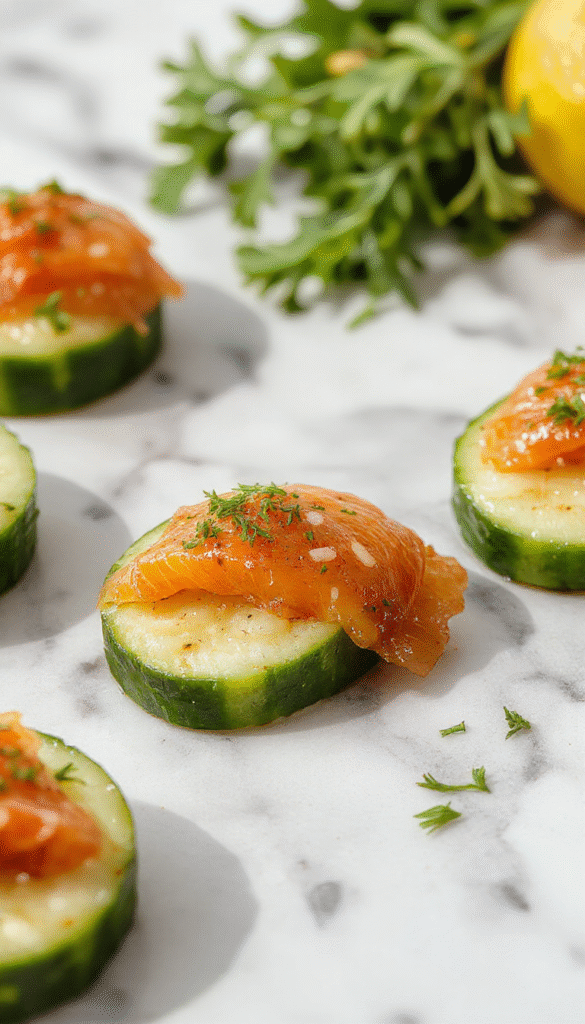 Colorful cucumber slices topped with vibrant orange smoked salmon and fresh dill, arranged neatly on a white platter with a drizzle of lemon vinaigrette, showcasing a fresh and elegant appetizer with glossy textures and crisp edges.