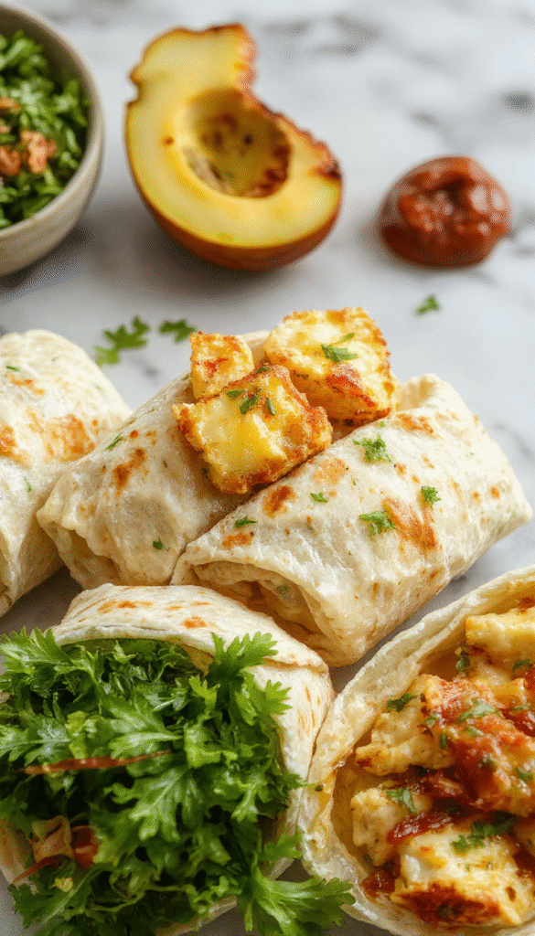 Colorful cheesy garlic chicken wraps arranged on a rustic wooden platter with fresh herbs and garlic cloves, showcasing golden-brown grilled chicken, melted cheese, and vibrant greens, styled for an inviting homemade meal.