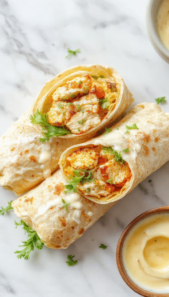 A vibrant, close-up image of a chicken Caesar wrap sliced in half, revealing tender grilled chicken, crisp romaine lettuce, grated Parmesan cheese, and creamy Caesar dressing wrapped in a soft golden tortilla, arranged on a rustic wooden platter with fresh ingredients scattered around