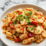 A vibrant plate of chicken chow mein featuring golden-brown strips of chicken mixed with colorful bell peppers, crisp carrots, and soft yellow egg noodles, garnished with chopped green onions and sesame seeds on a rustic white plate, set against a dark background with a side of chopsticks