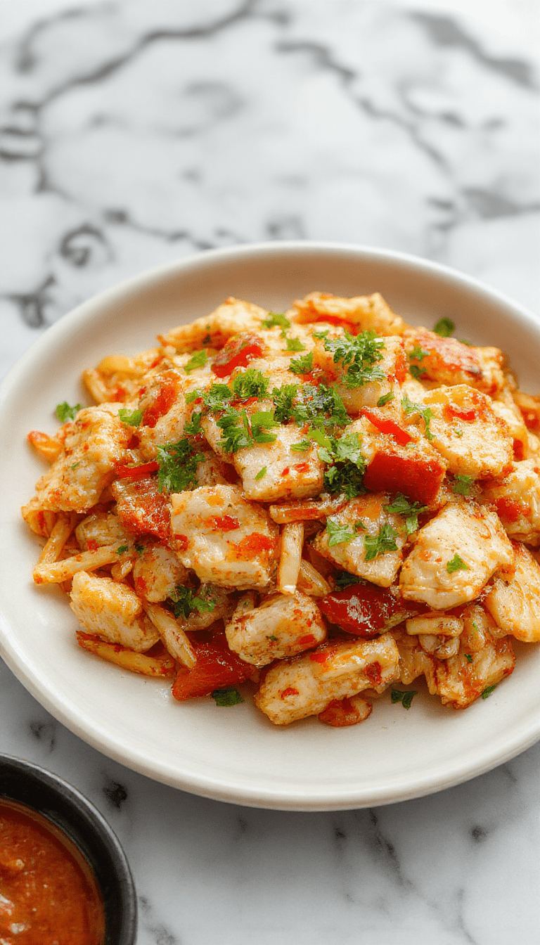 A vibrant plate of chicken chow mein featuring golden-brown strips of chicken mixed with colorful bell peppers, crisp carrots, and soft yellow egg noodles, garnished with chopped green onions and sesame seeds on a rustic white plate, set against a dark background with a side of chopsticks