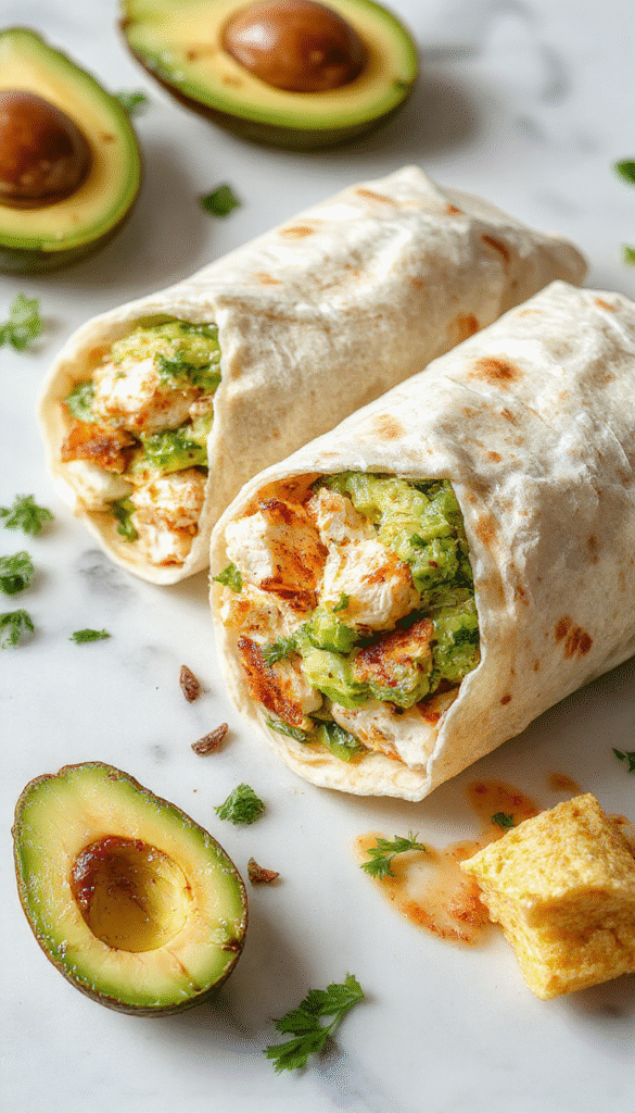Colorful chicken avocado wraps arranged on a white plate, featuring vibrant green sliced avocados, juicy grilled chicken strips, wrapped in whole wheat tortillas, garnished with fresh cilantro and a drizzle of creamy sauce, showcasing textures from crispy wraps to tender chicken and smooth avocado slices