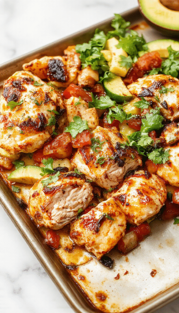 Colorful chicken fajitas arranged on a white sheet pan, featuring vibrant red and green bell peppers, sliced onions, and seasoned chicken strips with charred edges. The dish is garnished with fresh cilantro and lime wedges, with a rustic background emphasizing a casual, homemade vibe.