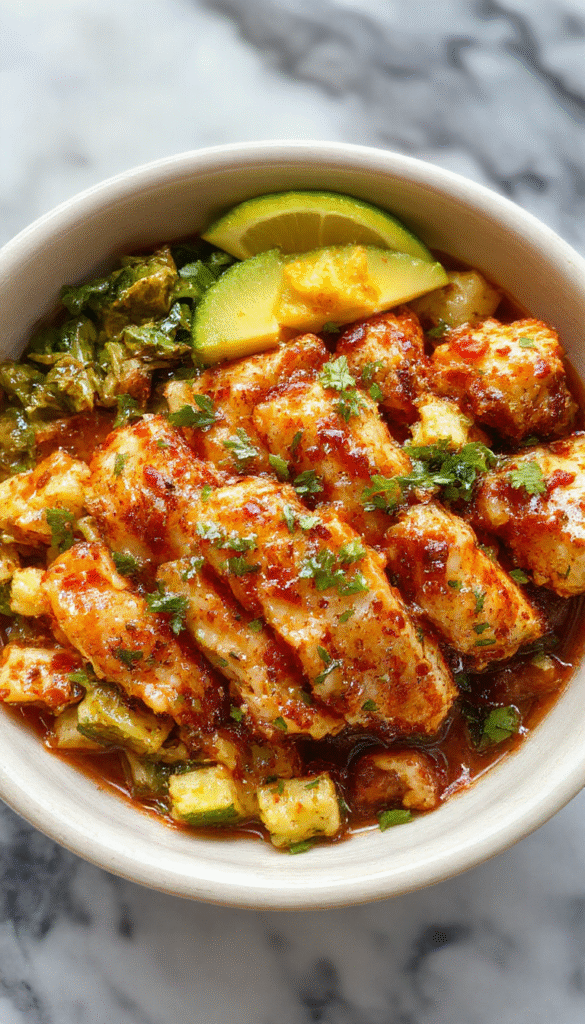 A vibrant chicken fajita burrito bowl featuring grilled chicken strips, colorful bell peppers, onions, and chopped fresh cilantro, all arranged in a white bowl. The dish displays a variety of textures with charred veggies and tender chicken, topped with shredded cheddar cheese, a dollop of sour cream, and lime wedges, styled with a sprinkle of fresh herbs against a rustic wooden background.