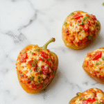 Colorful bell peppers filled with seasoned ground meat, melted cheese, and fresh toppings, presented on a rustic wooden plate with vibrant ingredients around