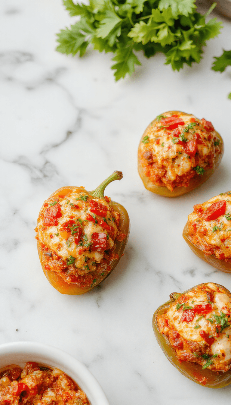 Colorful bell peppers filled with seasoned ground meat, melted cheese, and fresh toppings, presented on a rustic wooden plate with vibrant ingredients around