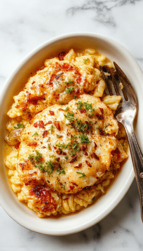 A close-up of a golden-brown chicken and orzo casserole in a rustic white dish, topped with caramelized onions and melted cheese, garnished with fresh herbs, with a warm and inviting kitchen background.