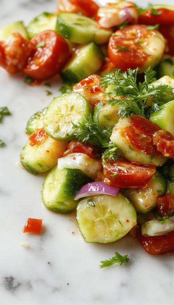 A vibrant Mediterranean salad featuring chopped cucumbers, ripe tomatoes, and thinly sliced onions arranged on a white plate, garnished with fresh herbs and drizzled with olive oil, showcasing bright colors and fresh textures.