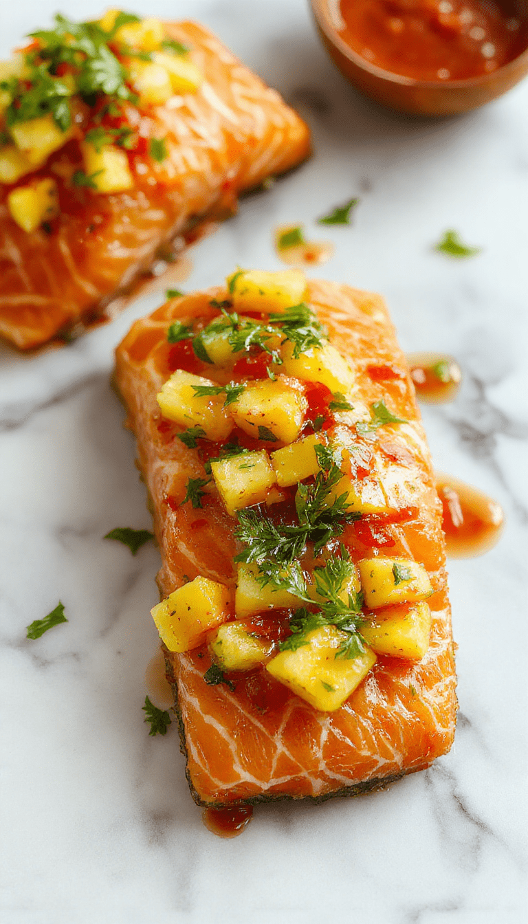 A vibrant plate featuring a perfectly seared salmon fillet topped with a colorful mango salsa. The salsa includes diced mango, red onion, cilantro, and lime, arranged beautifully atop the fish. The dish is plated on a white ceramic dish, garnished with fresh herbs, and styled with a rustic wooden table background. The textures of crispy salmon and juicy mango creates an inviting visual contrast with bright, fresh colors.
