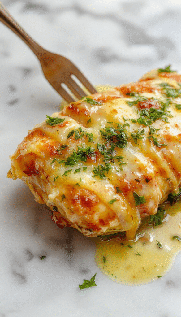 A beautifully plated garlic butter chicken dish featuring golden-brown chicken breasts glazed with melted butter and garnished with fresh chopped parsley. The dish is served on a rustic white plate with a side of vibrant green steamed broccoli and roasted potatoes. The glossy sauce glistens under natural lighting, highlighting the rich textures and enticing aroma.