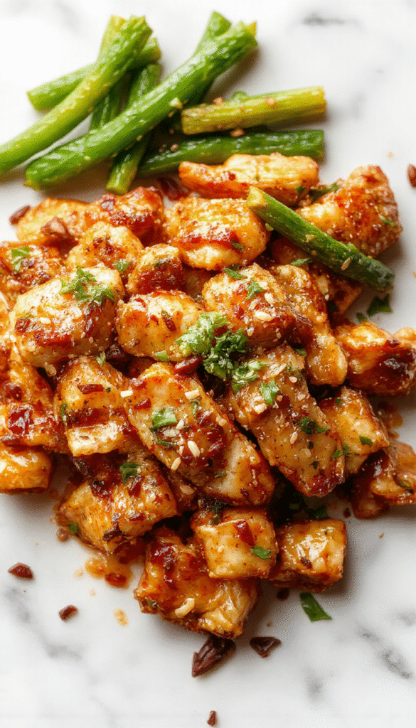 A vibrant plate of sesame chicken featuring golden-brown crispy chicken pieces topped with toasted sesame seeds and green scallions. The dish is arranged on a white ceramic plate with a side of colorful steamed vegetables, set against a rustic wooden table with a sprinkle of sesame seeds and a drizzle of sauce, capturing a fresh and healthy meal vibe.